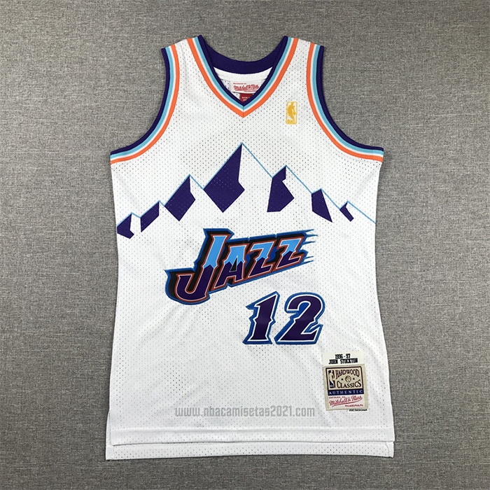 Camiseta Nino Utah Jazz John Stockton #12 Hardwood Classics Throwback 1996-97 Blanco